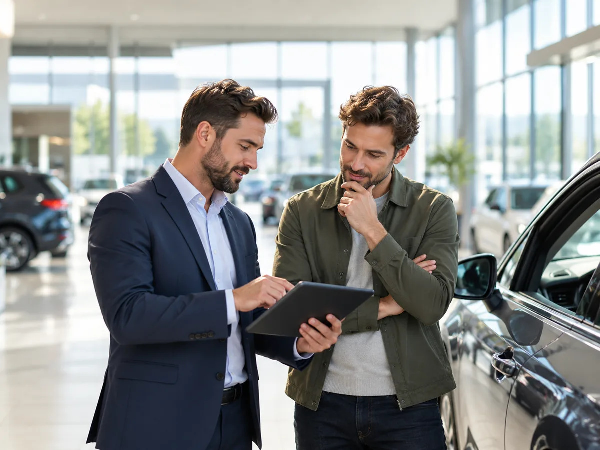 Adviesgesprek in een showroom, als beeld voor de combinatie van automotive expertise en AI in marketing.